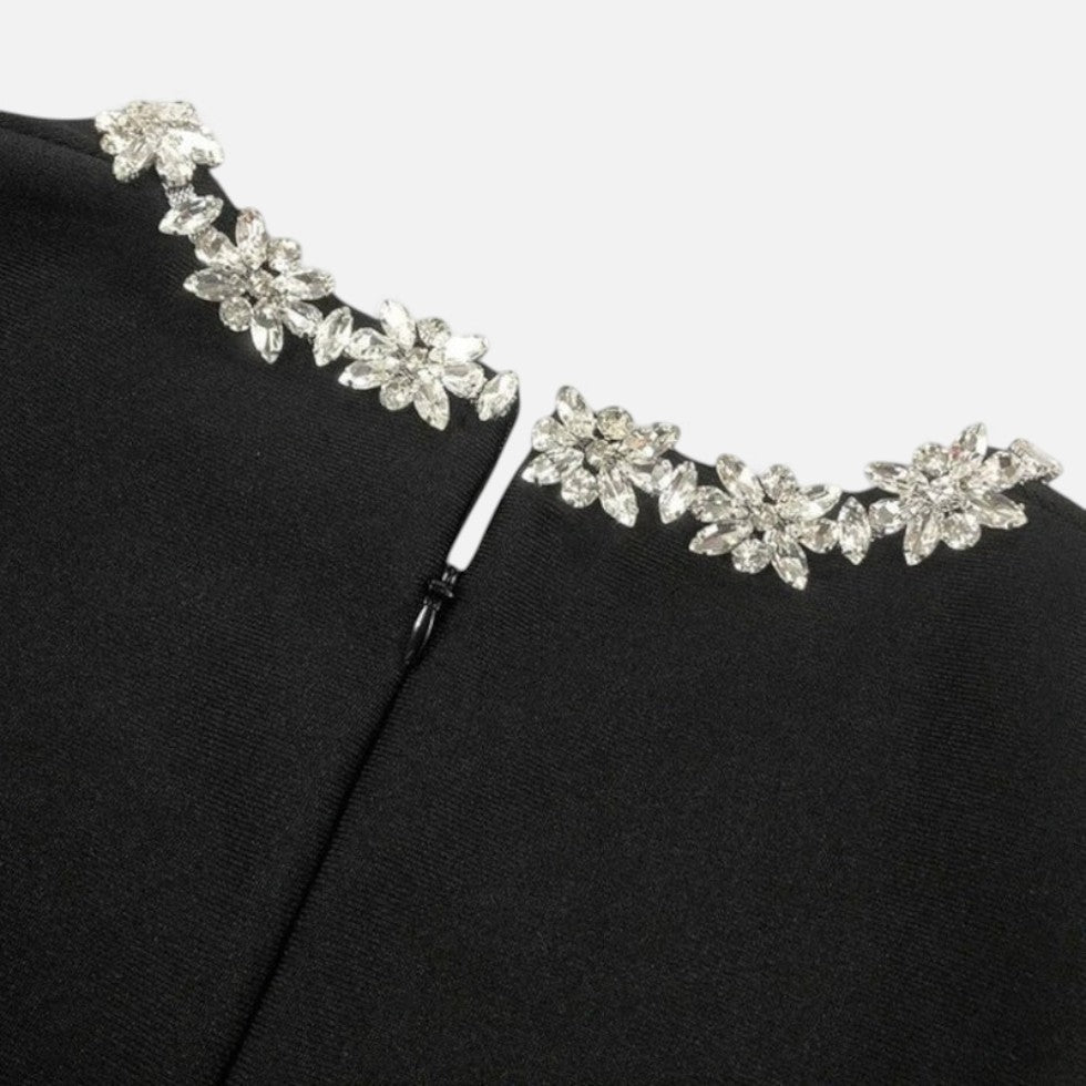 Czarna Aksamitna Sukienka Mini dla Kobiet | Ozdobne Kamienie, Elegancka na Wesele