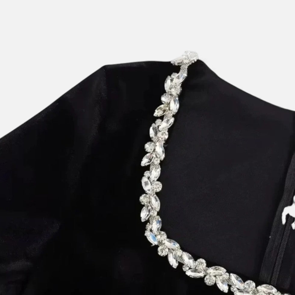 Czarna Aksamitna Sukienka Mini dla Kobiet | Ozdobne Kamienie, Elegancka na Wesele