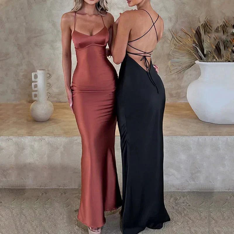 Damska satynowa maxi sukienka bodycon